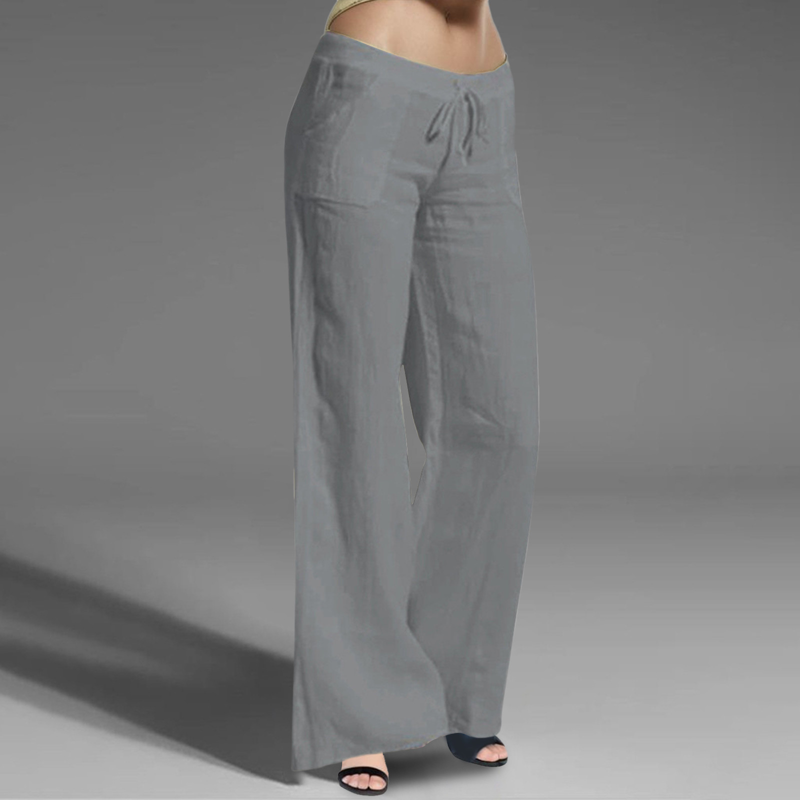 thumbnail image 2 of Pantalones largos de algodón con cintura elástica y pierna ancha para mujer, 2 of 8